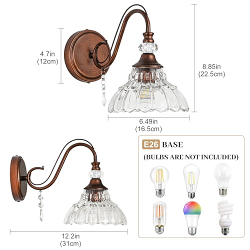 Image of 1 Piece Vintage Wall Sconce, 1-Light Matte Antique Red Bronze Finish Wall Sconce with Hanging Crystal Accents and Flower-Shaped Clear Shades for Bathroom Bedroom Living Room,Vintage Vanity Light
