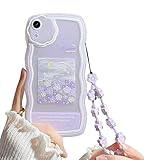 Fycyko Compatible with iPhone XR Case with Cute Purple Flower Floral Pattern Design Aesthetic Women Teen Girls Flower Lens Protection Case for iPhone XR +Chain-Flower
