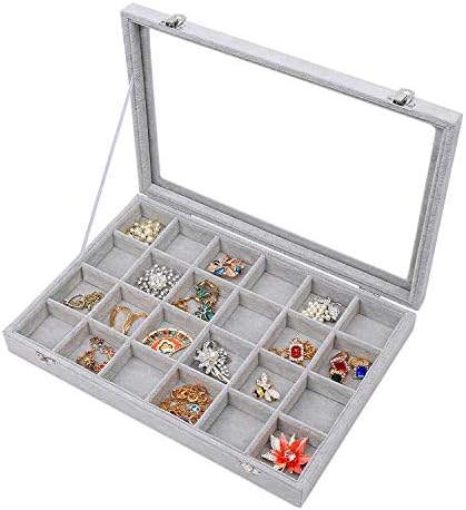 STYLIFING Jewelry Organizer Box, 24 Grid Clear Lid Earrings Storage Case, Ring Holder Necklace Crystals Velvet Tray for Display