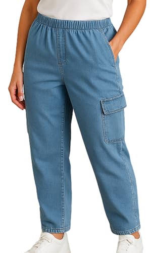 Turtle Bay New York Women's Elastic Stretch Waist Casual Denim Pull-on Cargo Pants