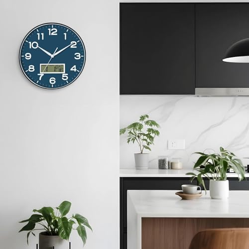 Image of AKCISOT Wall Clock 12 Inch, Non-Ticking Silent Battery Operated Analog with LCD Display for Perpetual Calendar and Temperature, Ideal Modern Decor for Home, Bedroom, Kitchen, Office (Blue)