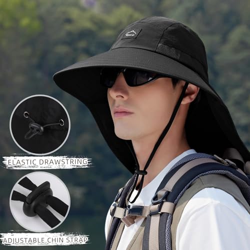 Image of Rosoz Outdoor Sun Hat for Men Women, UPF50+ Protection Safari Cap Wide Brim Mesh Fishing Hat with Neck Flap Beach Garden