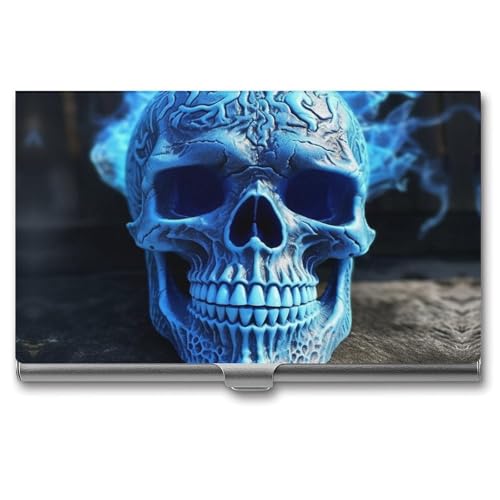 HETVBNS Metal Business Card Holder Blue Skull Slim ID Case