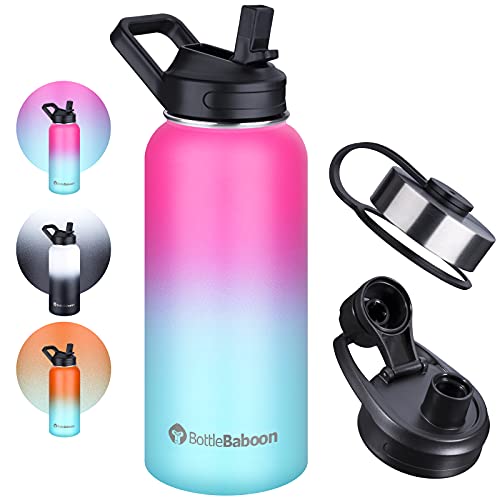 BottleBaboon Stainless Steel Water Bottles with Straw, 3 Lids, 32 Oz Insulated Water Bottle, Wide Mouth Sports Water Bottle, Double Wall Vacuum Water Bottles to Keep Liquids Hot or Cold, Green, Pink