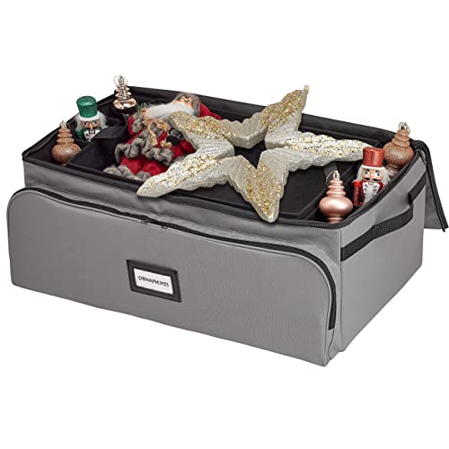 Premium Christmas Ornament Storage Box - Hold Up To 72 - 3 Inch Ornaments, + 6 Side Slots For Figurines, Nutcrackers, Etc. Holiday Decoration Organizer - Quality 600D Canvas For Durability - Grey #TOP7