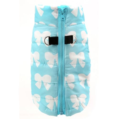 Image of SMALLLEE LUCKY STORE Dog Coat with D-Ring for Small Dogs, Baby Blue, XS | Bow Print, Water-resistant Shell, Padded Warmth, Zip-up Fit, Winter Walks, Chihuahua, Yorkie, Small Dog Harness Jacket