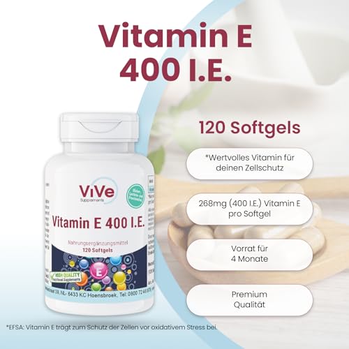 Vitamin E 400. I.E. - 120 Softgels für 120 Tage - Antioxidans -Zellschutz | Qualität aus Deutschland von ViVe Supplements