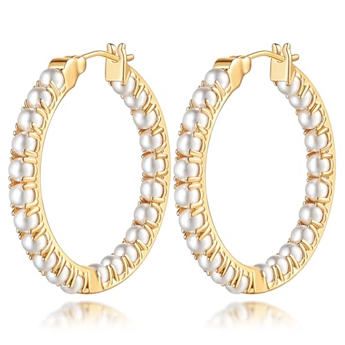 Pearl Earrings for Women Gold Pearl Earrings Hoop Earring for Women 14K Gold Hoop Earring Huggie Hoops 20/30mm