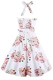Topdress Women's Vintage Polka Audrey Dress 1950s Halter Cocktail Dress Pink Flower L