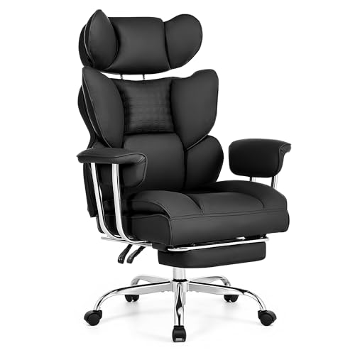 Image of Big and Tall Office Chair 400 LBS, Scratch-Resistant PU Leather Executive Ergonomic Desk Chair with Footrest, Lumbar Support, Wide Reclining Computer Seat for Home Office, Black