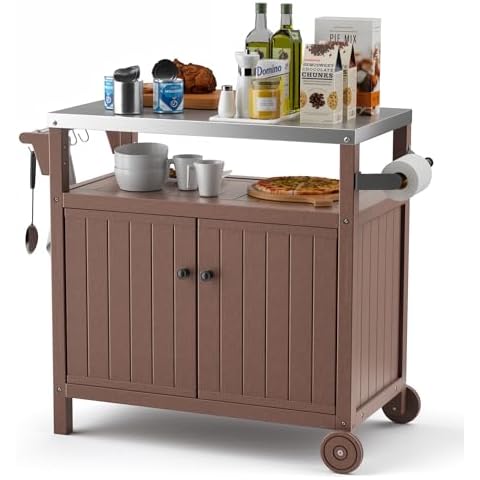TORVA Portable Outdoor Grill Prep Table with Storage, Waterproof Outdoor Grill Cabinet, Stainless-Steel Tabletop Outdoor Kitchen Island, BBQ Cart with Wheels, Hooks and Side Shelf | Brown Cover