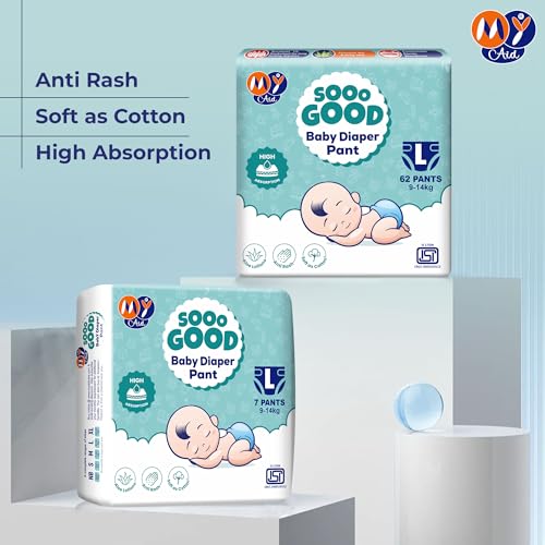 Image of SOOO GOOD Baby Diaper Pants With Aloe Lotion & Wetness Indicator | Soft & Comfortable | Fast Absorption, Rash-Free, Leak-Proof (Size-L, 9 to 14 kg, 30 Counts, Pack of 1)