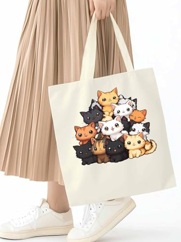 Canvas Tote Bag, Cute Cartoon Cat patterned Canvas Tote Handbags for Women Shoulder Bag,2