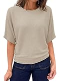 Saodimallsu Womens Short Sleeve Sweater Summer Batwing Trendy Casual Boat Neck Lightweight Loose Fitting Knit Tops Khaki