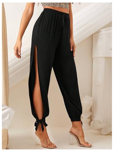 WDIRARA Women's High Waisted Slit Harem Pants Bow Tie Drawstring Cropped Trousers3