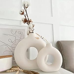 Doughnut Vase for Pampas Grass, White Ceramic Vases Set of 2, Matt Vase for Nordic Modern Decoration, White Boho Round Vase Suitable for Dining Table Coffee Table Decoration