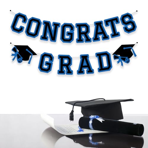 Image of Congrats Grad Banner Graduation Party Banner Decoration Hanging Garland High School College Backdrop Supplies Blue