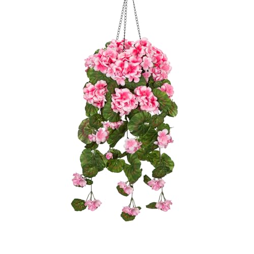 Image of Arborus Hanging Basket Artificial Pink Geranium Flowers in Basket Fake Silk Flowers Hanging Baskets Faux Hanging Flowers Front Door Plants for Indoors Home Wedding Decoration