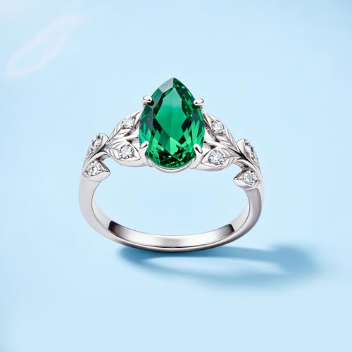 Leaf Pear-Cut Engagement Ring 3 ct lab grown Emerald Solitaire Green Stone Solid 10k 14k 18k Gold Retro Wedding Band Womens Engraved Promise Birthday for Women Wife2