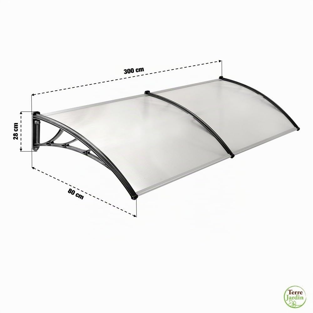 TERRE JARDIN Toldo para Puerta de Entrada Techo Ventana Marquesina 150 x 80 cm, Protección Lluvia Sol Nieve - Transparente
