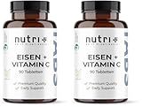 Nutri + Eisentabletten 50 mg hochdosiert + vegan mit natürlichem Vitamin C aus Acerola - 90 Eisen Bisglycinat Tabletten für Schwangere und Kinder etc (Packung mit 2)