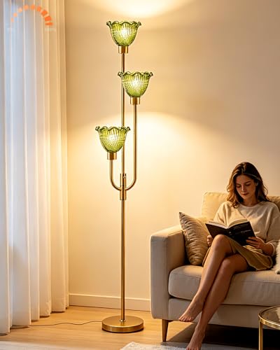 Image of 3-Lights Glass Floor Lamp 66IN Modern Gold Dimmable Floor Lamps with 3000K Warm White Bulbs for Wedding Party Tall Standing Lamp with Green Glass Shade for Living Room /Bedroom /Girls Room
