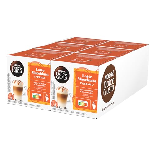 NESCAFÉ Dolce Gusto Latte macchiato-karamell | 96 kaffekapslar | Arabica Robustablandning | Fin karamellsmak och gott mjölkskum | aromförseglade kapslar | 6-pack (6 x 16 kapslar)