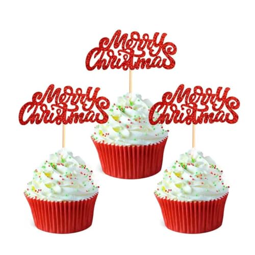Anemowind Lot de 36 décorations de cupcake rouges « Joyeux Noël » en papier pour gâteaux, muffins, décorations de fête Merry Christmas