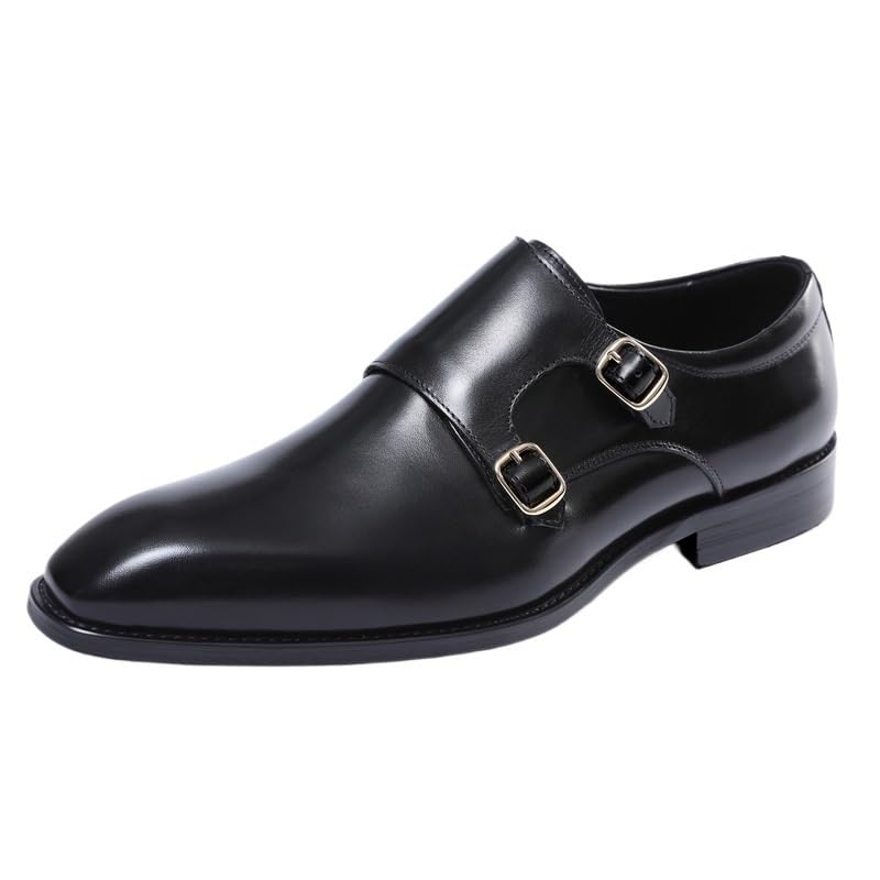 Mens Oxford Dress Shoes Double Monk Leather Classic Slip On Pointed Toe Anti-Slip Non Slip Rubber Sole Block Heel Prom Wedding