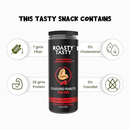 Image of Roasty Tasty Premium Assorted Roasted Peanuts | Healthy Snacks | Rich in Protein & Fibre | Roasted, Not Fried Snacks | Healthy Food | Gluten Free, Zero Cholesterol | Namkeen Peanuts | Crunchy Masala Peanuts | Jalapeno | Cheese | Peri Peri| Pack of 3 (100g each) |