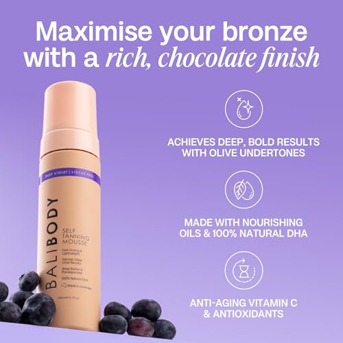 Image of Bali Body Deep Violet Self Tanning Mousse - Self Tanner Mousse Violet-Based Formula for Dark, Fake Tan with Olive Undertones - Hydrating, Sunless Tanner for Sensitive Skin - 200ml / 6.7fl oz