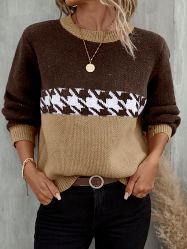 Image of chouyatou Women's Vintage Color Block Long Sleeve Pullover Sweater Houndstooth Printed Crewneck Jumper Tops