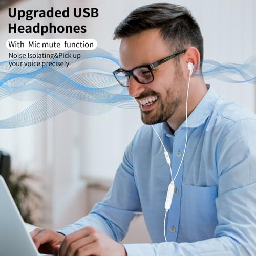 AIAUXAI USB Earbuds with Microphone Mute for PC,Wired Headphones USBA,White - image 2