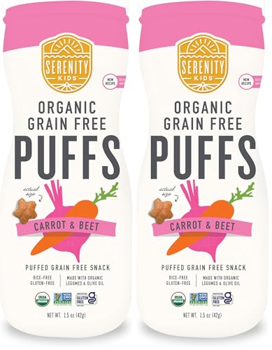 Image of Serenity Kids 6+ Months Grain Free Puffs Toddler & Baby Snack | No Added Sugar, Gluten & Rice Free, Allergen Free | Made with Organic Cassava, Veggies, and Herbs | Carrot & Beet | 1 Count (Pack of 2)