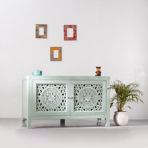 Image of Yepa Wooden Sideboard Cabinet for Living Room | Handcrafted Solid Wood Storage Cabinet with Carved Doors | Crockery Cabinet for Home | Crockery Furniture for Home (Green Ela)