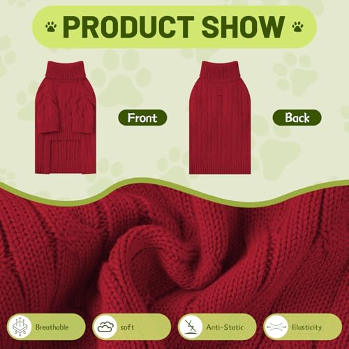 Image of Small Dog Thermal Pullover Sweater, Classic Turtleneck Cable Knitwear Dog Clothes for Cold Weather Warm Pet Clothes for Chihuahua, Bulldog, Dachshund, Pug Red Large