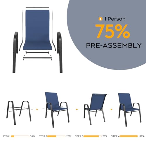 Image of Patio Chairs Set of 4, Stackable Outdoor Dining Chairs for All Weather Textilene Fabric & Metal Frame, Outdoor Chairs Set for Backyard Deck Garden (Dark Blue, Set of 4)