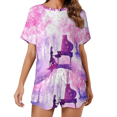 Pyjama femme manches courtes anime girl et piano pour vêtement de nuit été confortable
