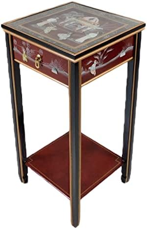 Red Oriental Stand with Drawer, Shelf and Glass Top