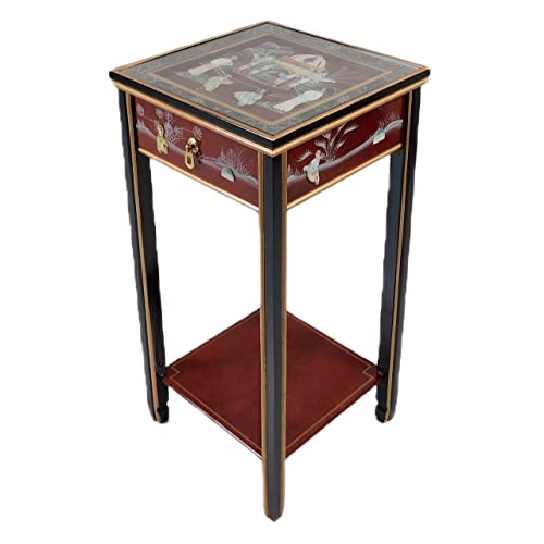 Red Oriental Stand With Drawer, Shelf And Glass Top #TOP18