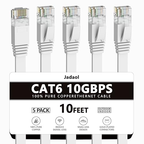 Jadaol Cat 6 Ethernet Cable 10ft 5Pack, Outdoor & Indoor, 10Gbps Supports Cat8/7 Network, Heavy Duty LAN Internet Patch Cord, Weatherproof High Speed Cable for Router, Modem, Xbox, PS4, Switch, White