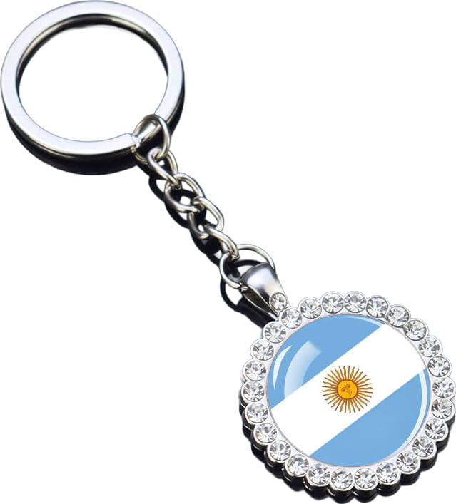 1 National Flag Keychain With Rhinestones, Glass Dome Pendant, Silver Metal Chain, World1