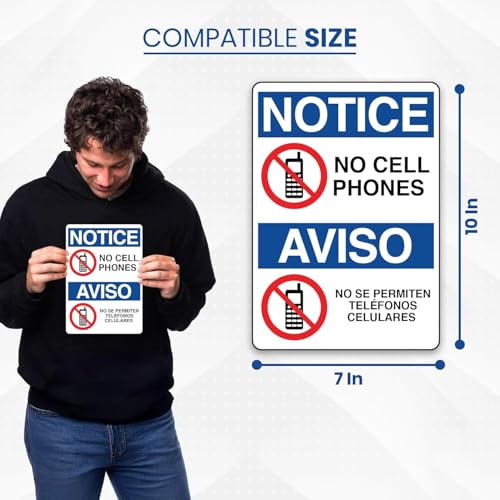 Image of 5 x No Cell Phones Bilingual Notice Sticker | 10 x 7 Inch No Phones Zone Warning Sign | Easy to Mount Vinyl Labels with Symbols | UV-Resistant, Waterproof, Self-Adhesive Signage for Business, Workplaces, Classrooms, Gas Stations