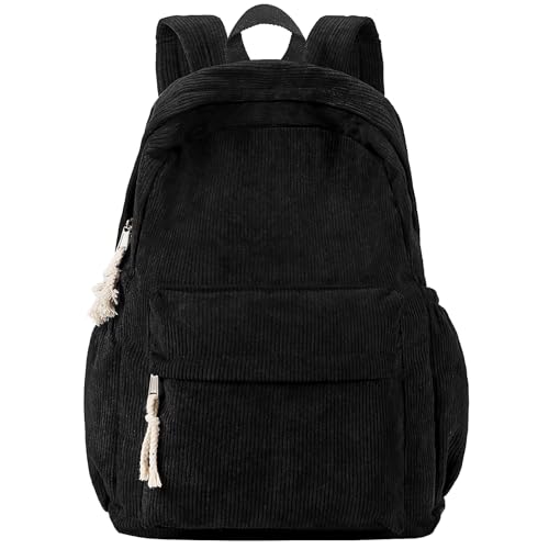 Unineovo School Backpack for Teens Corduroy Bookbag with 6X Cute Pin Accessories 17 inch Laptop Bag for Girls Women Casual High School College (Black)
