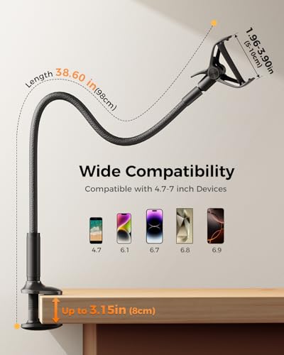 Image of SAIJI Gooseneck Phone Holder for Bed Overall Length 38.6 inch Flexible Leather Wrapped Arm Overhead Cell Phone Mount Stand with 360 Adjustable Clamp Clip, Compatible with All 4-7 inch Cellphones (Black)