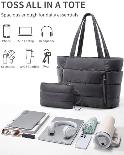 Image of Bagstellar Puffer Tote Bag for Women, Lightweight Puffy Work Handbag Teacher Nurse Quilted Shoulder Bag for School Travel Gym | Cloud Bag w / Zipper