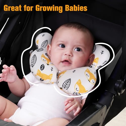 Image of KAKIBLIN Baby Neck Pillow, Upgraded Baby Support Pillow for Head and Neck, Babies Head Pillow for Car Seat, Stroller, Pushchair,Travel(Yellow Fox)