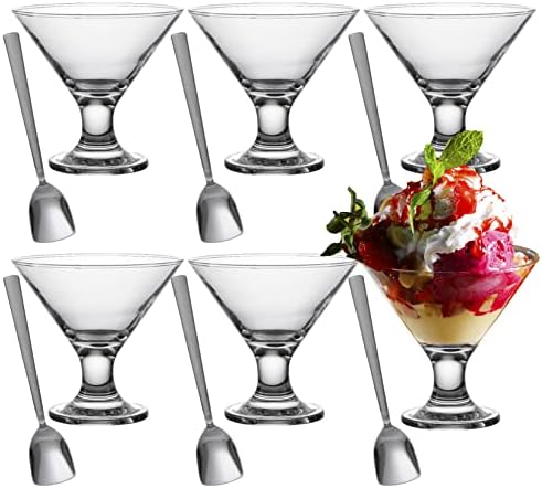 GLASIA Set of 6 Glass Ice Cream Bowls and 6 Stainless Steel Spoons | Small Dessert Cups for Parfait Sundae Snacks Fruit | Mini Footed Trifle Tasters with Spoon | Lead-Free Glass Dessert Serving Dishes