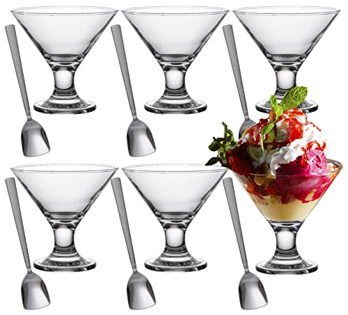 Glasia Set Of 6 Glass Ice Cream Bowls And 6 Stainless Steel Spoons | Small Dessert Cups For Parfait Sundae Snacks Fruit | Mini Footed Trifle Tasters With Spoon | Lead-Free Glass Dessert Serving Dishes #TOP1