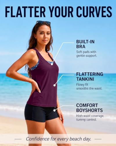 Image of Women's 3 Piece Tankini Swimsuit Tummy Control Bathing Suit with Boy Shorts